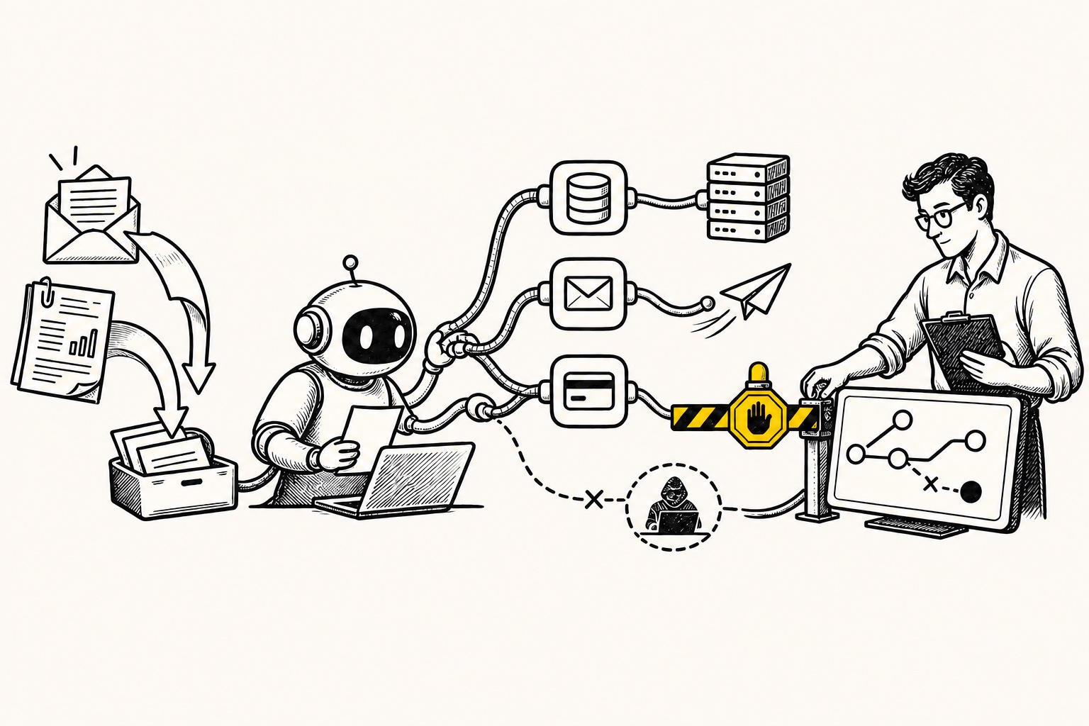 An untrusted email reaches an AI agent with access to a database, email and payments. A security consultant maps the paths and places an approval control before the payment step.