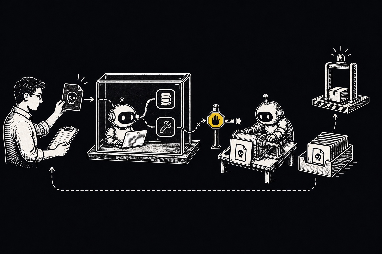 A security tester runs a hostile document through a contained AI system. A control stops the attack and the case is filed for future release testing.