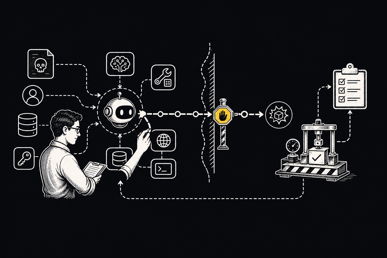 A security consultant maps an agentic system, traces a hostile route across a trust boundary, and turns the finding into a control and a repeatable test.
